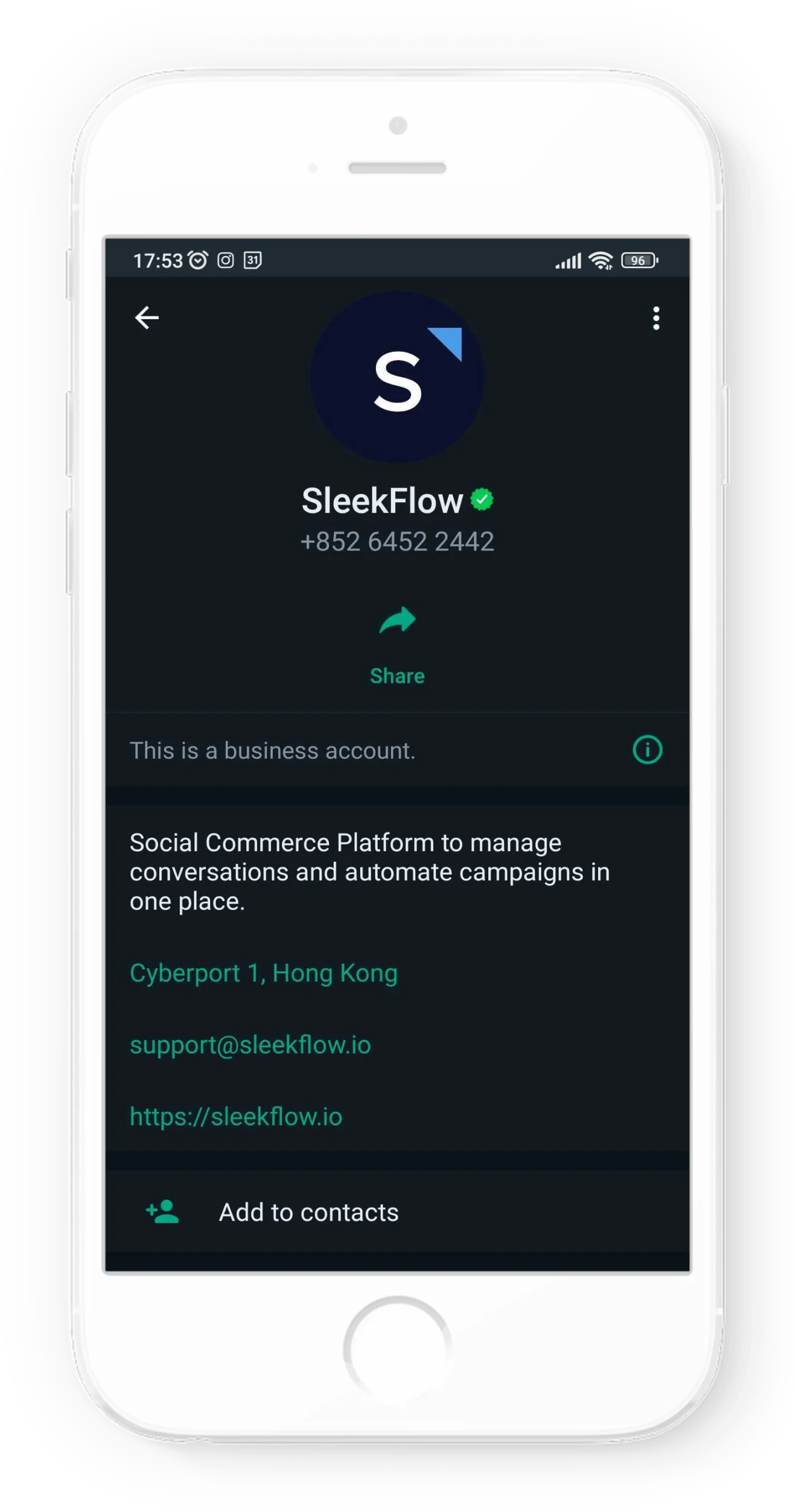 sleekflow whatsapp business profile with contact details on whatsapp