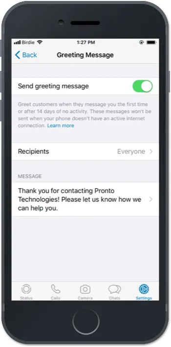 Beispiel für WhatsApp-Begrüßungsnachricht.