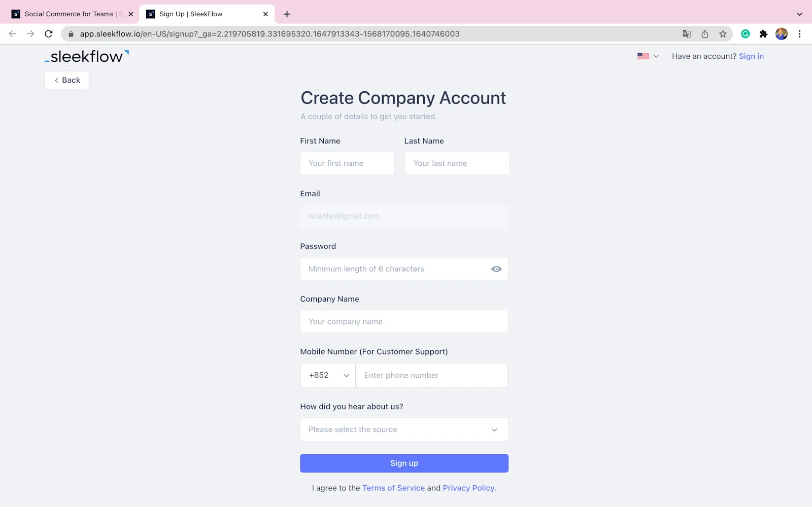 SleekFlow Create Account