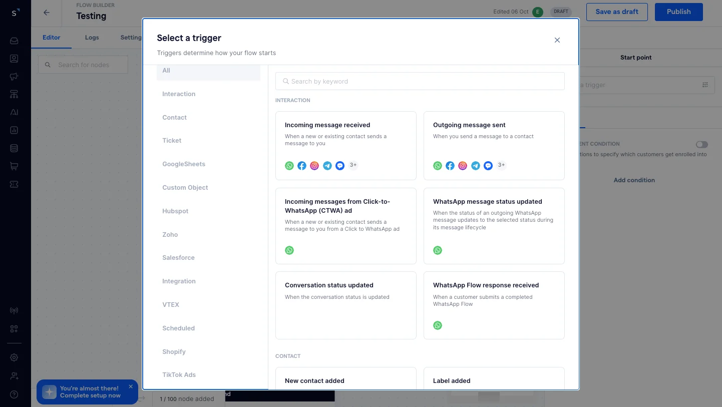  SleekFlow's Flow Builder can be initiated by a wide range of triggers from third-party apps.