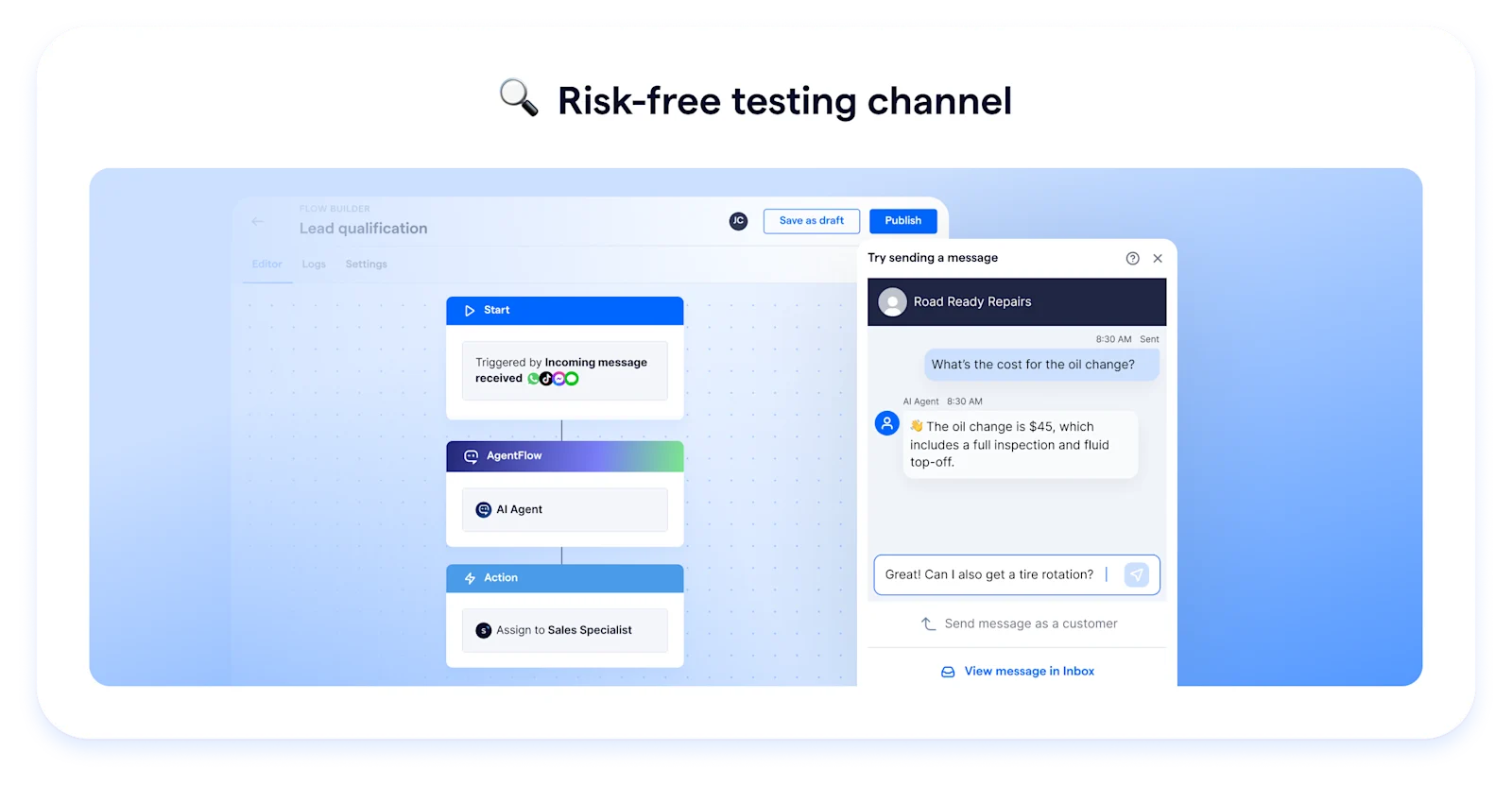 Use our in-app Testing Channel to send messages as a customer and view them on SleekFlow—no phone number or business account needed.