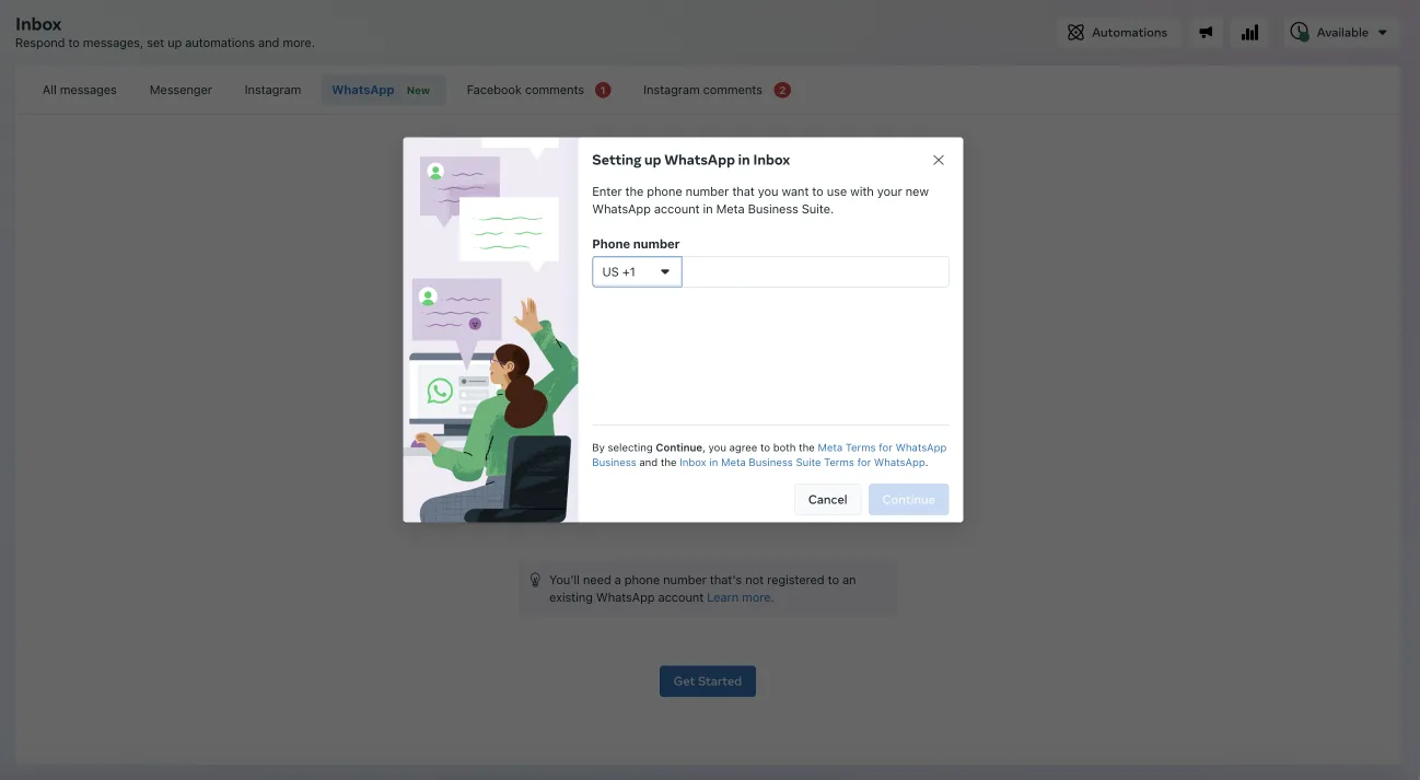 add whatsapp number meta business suite