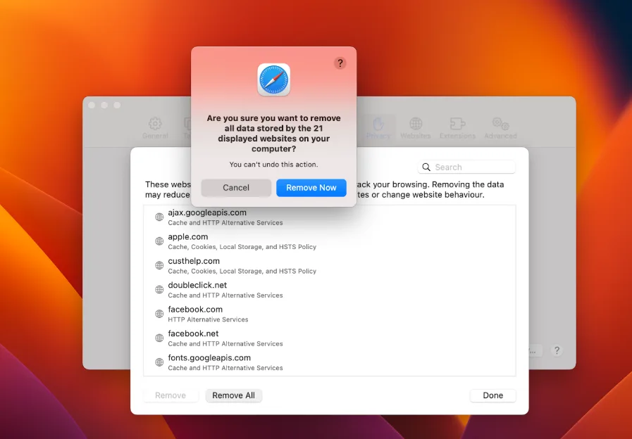 action to clear cache in Safari