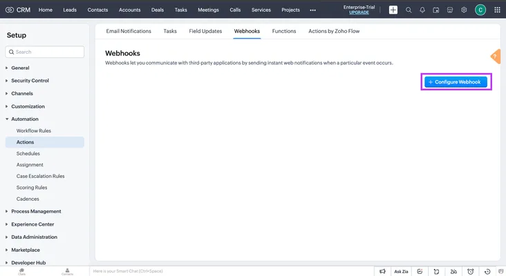 webhook configuration screen with "configure webhook" button