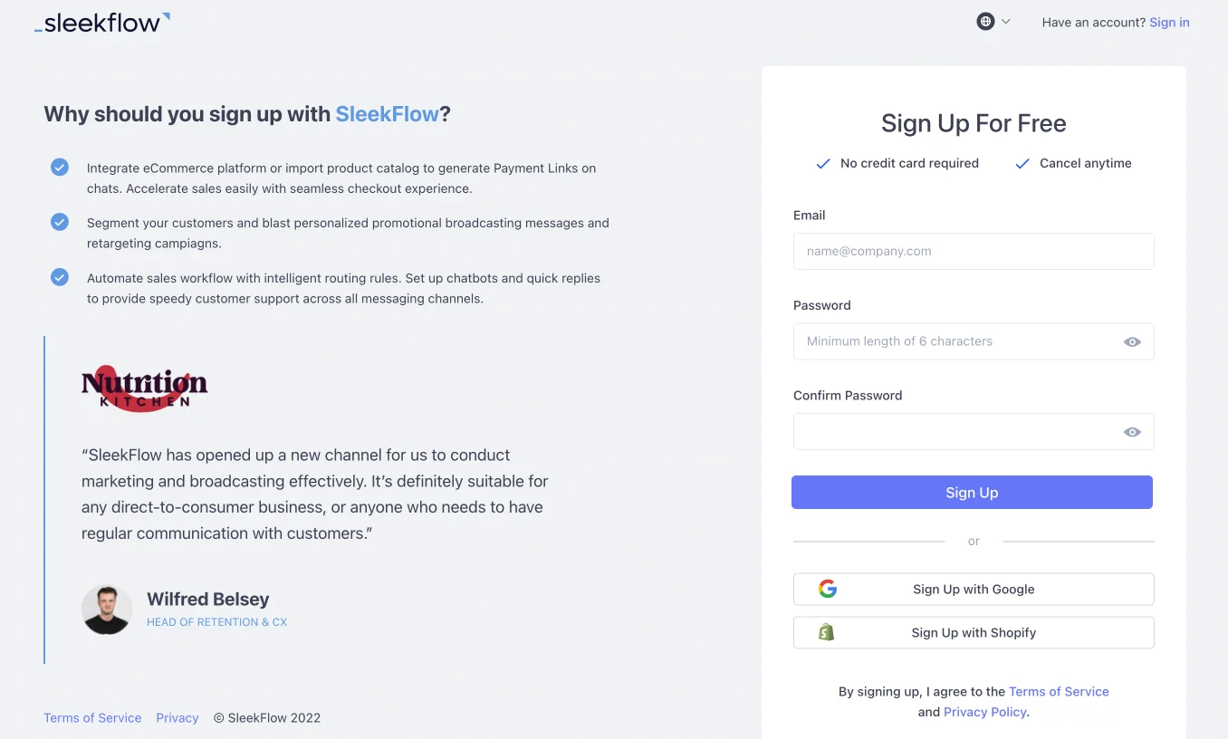 Signing up for a SleekFlow account