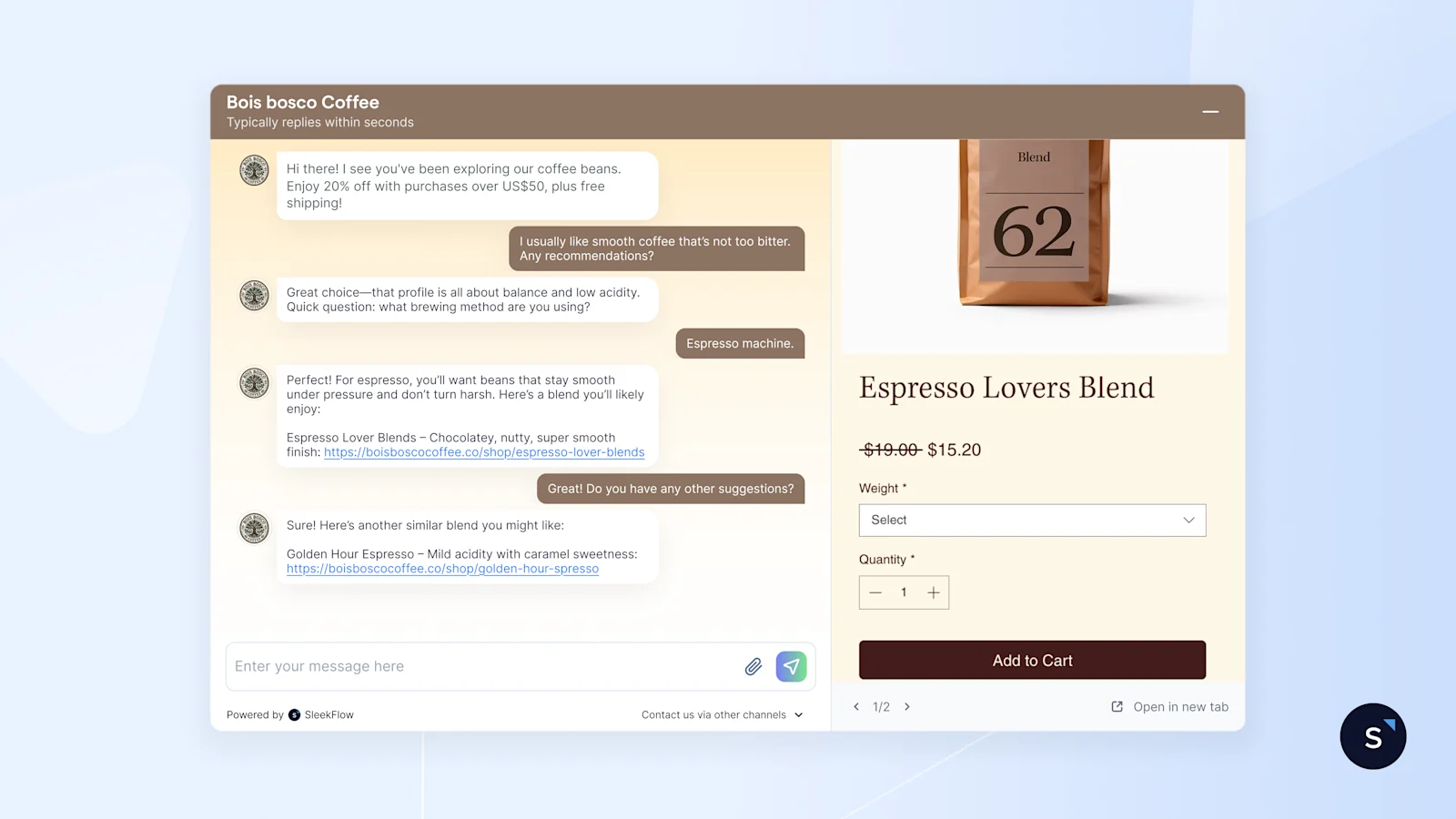 SleekFlow's AI growth chat widget featuring the Navigator Mode, where an AI agent provides tailored coffee recommendations alongside a side panel for real-time product browsing