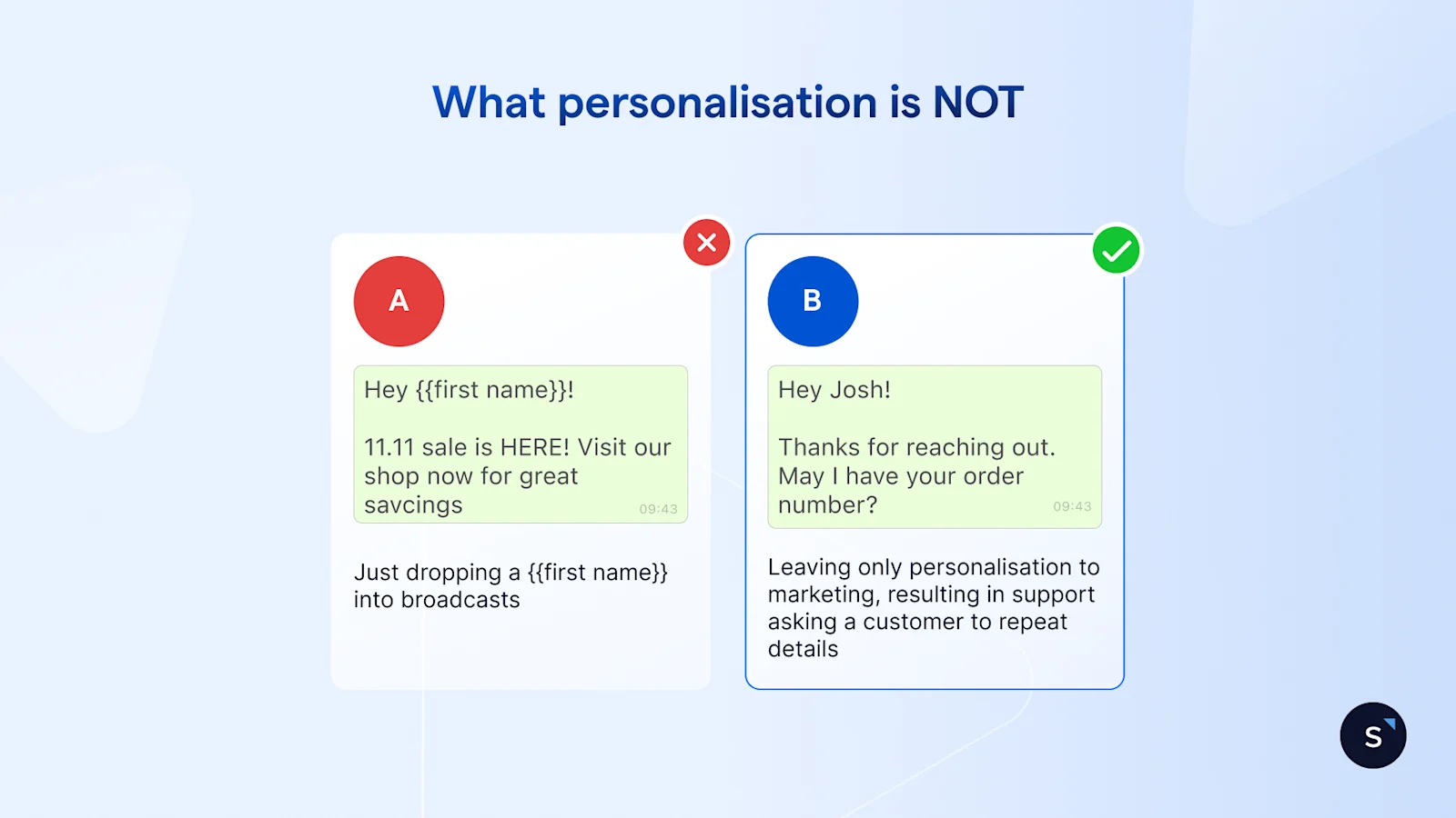 Examples of what personalisation is not: using first name fields in messages and letting only marketing teams do it