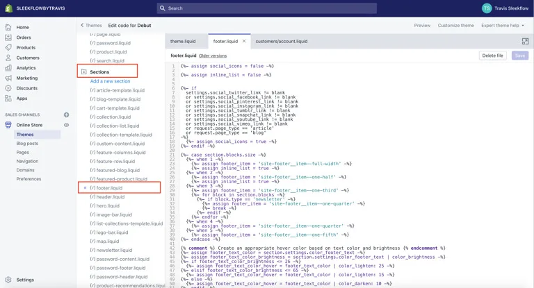 sub-file footer.liquid in the edit code interface