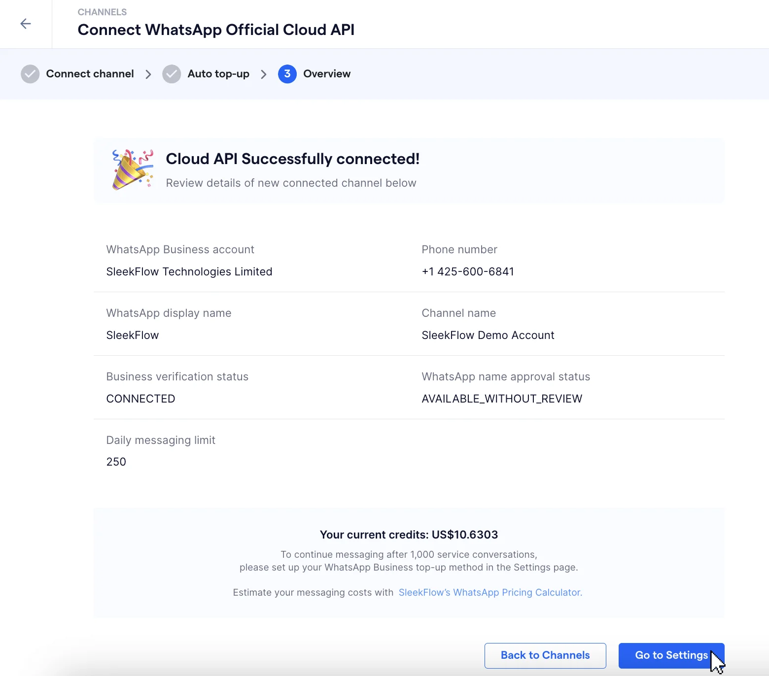 successful whatsapp api connection confirmation screen