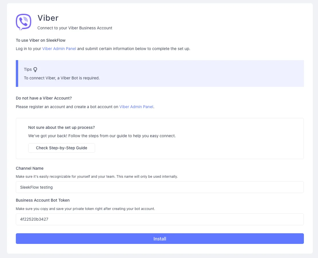 Paste the Viber private token to connect to SleekFlow