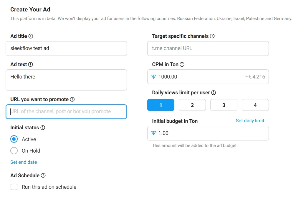 telegram ad creation form with active campaign settings