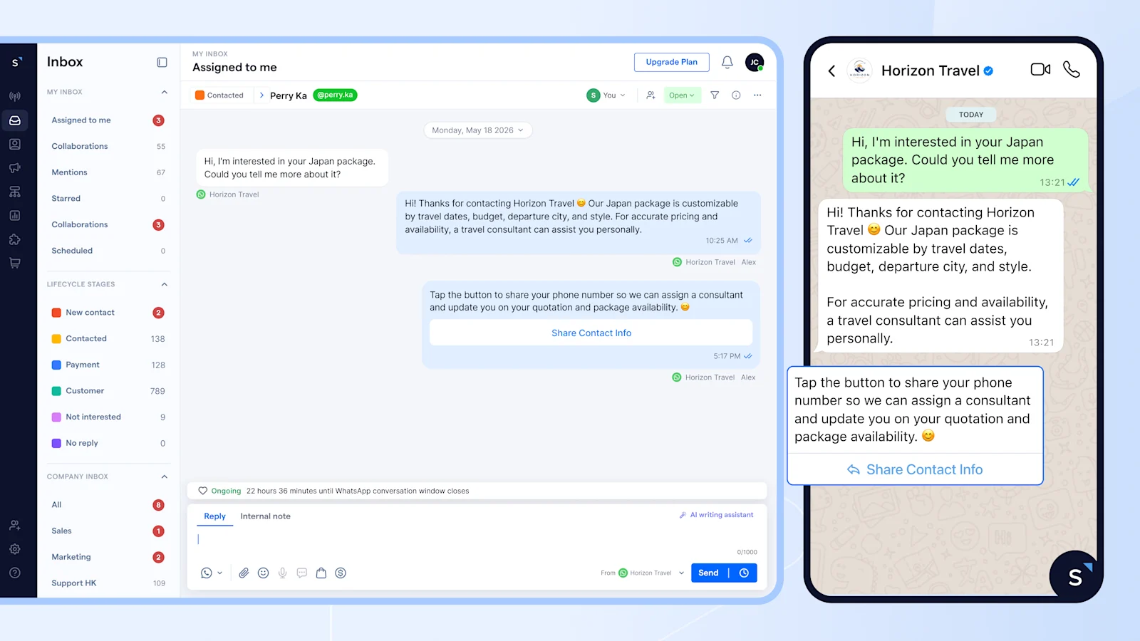 Use the "Share Contact Info" button in message templates to collect a customer's phone number if they opted in for WhatsApp username