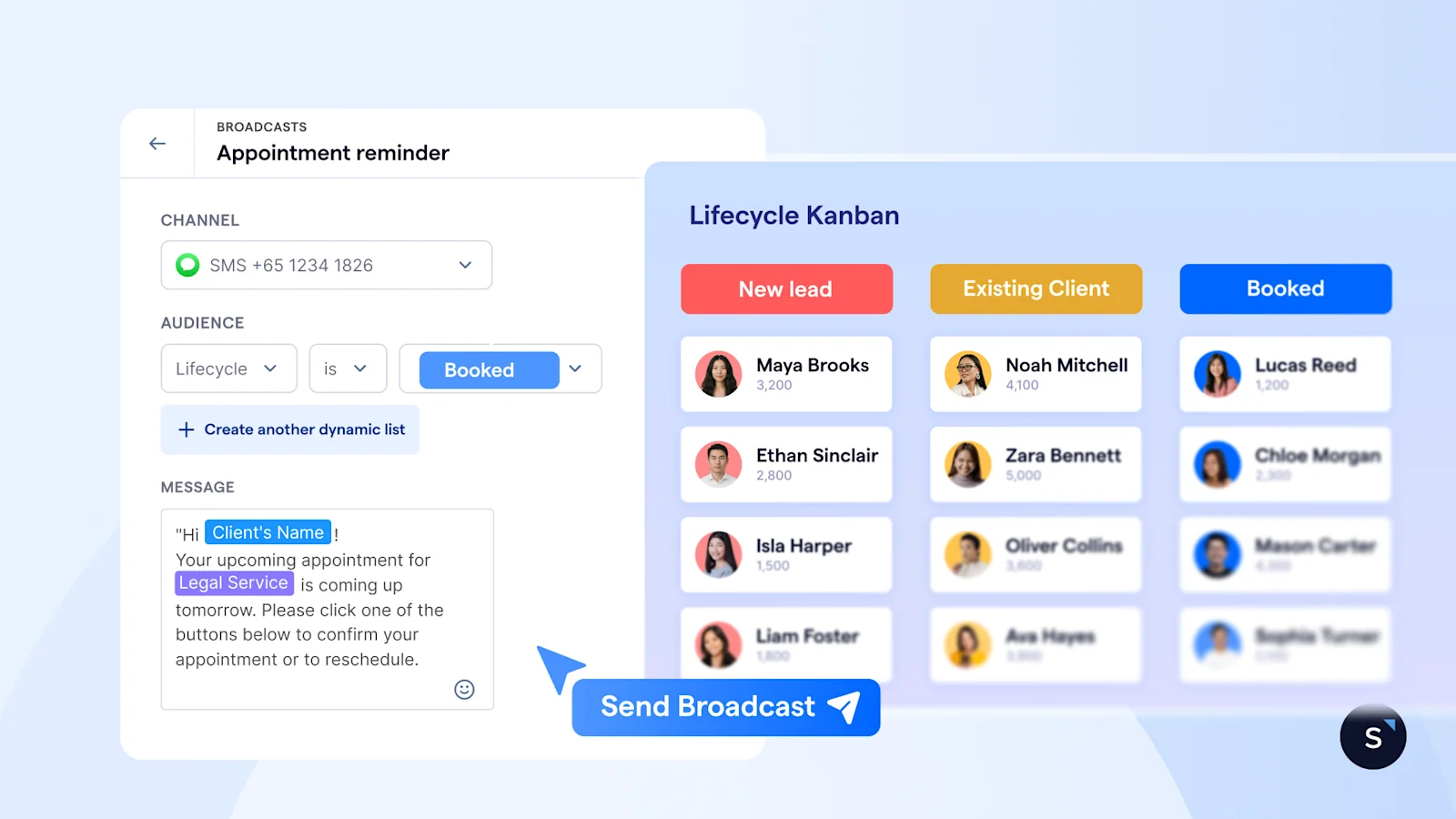 Screenshot of sleekflow lifecycle stage being used to target people who have booked an appointment for reminder broadcasts