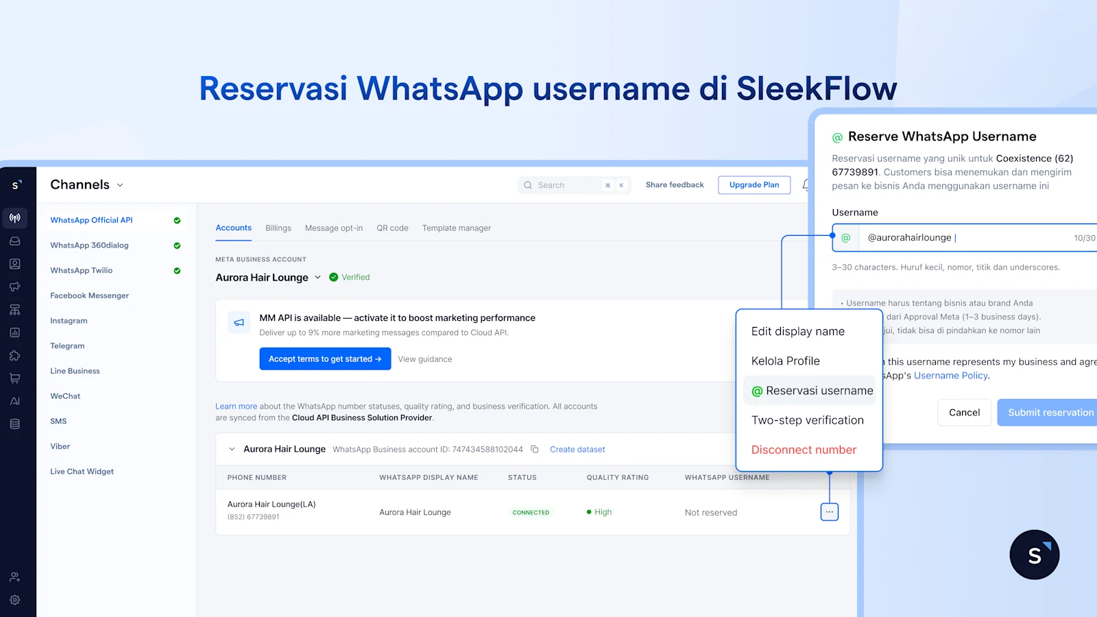 Tampilan reservasi WhatsApp username di SleekFlow