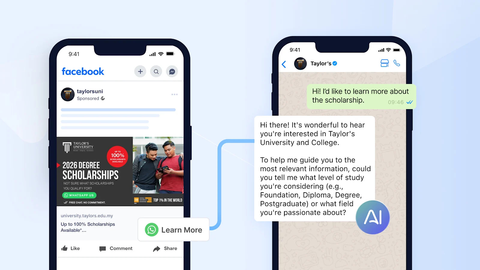 Taylor's University's Click to WhatsApp campaign on Facebook being automated with SleekFlow AI Agent