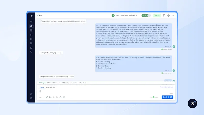 Screenshot of SACES using SleekFlow AI Agent to handle pricing objections and managing to convince the customer to book