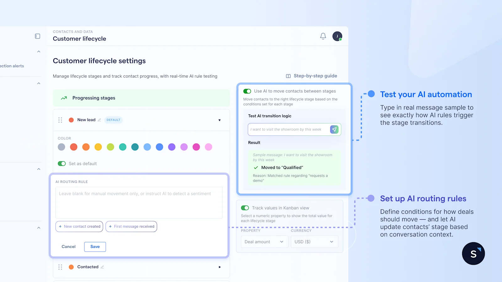 Set up & test AI rule for contact lifecycle transitions