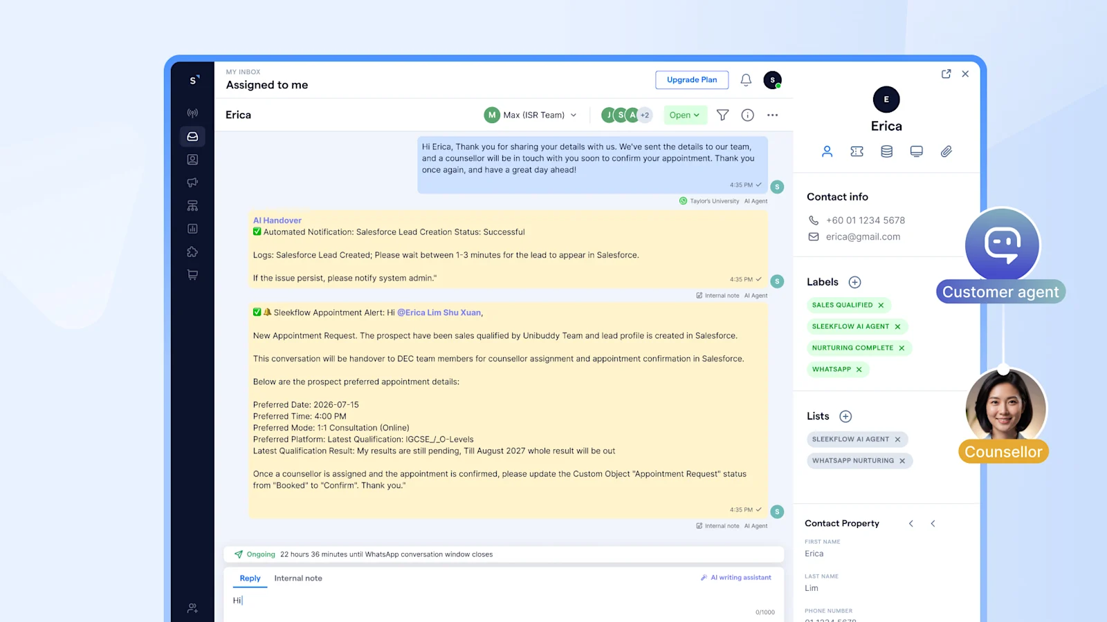 Screenshot of Taylor's University's conversation with a student on SleekFlow with teammats communicating internally with Internal notes