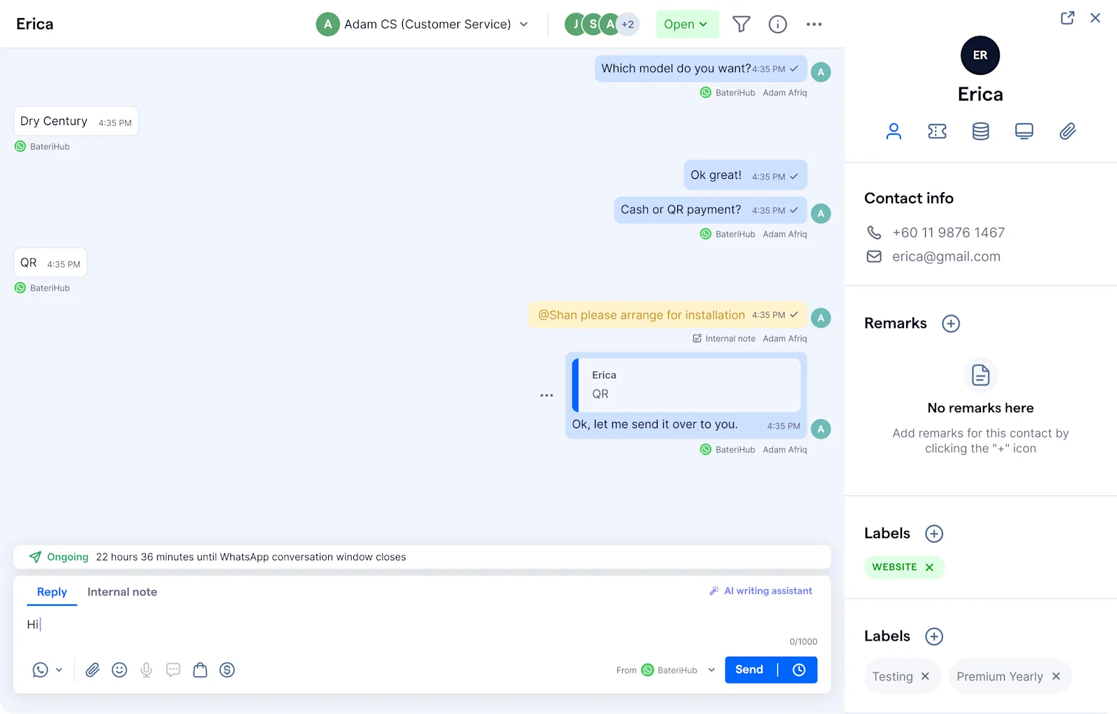 BateriHub using internal notes on SleekFlow to collaborate better between departments