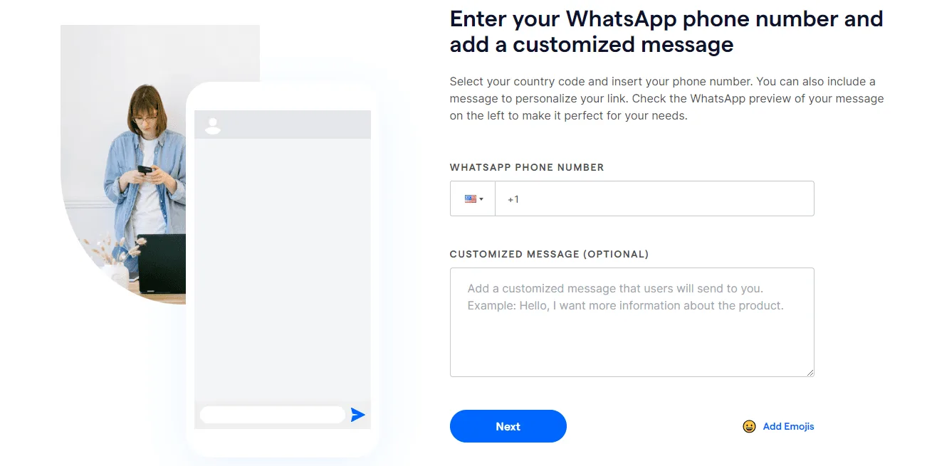 Screenshot of setting up a WhatsApp entry point via a website form