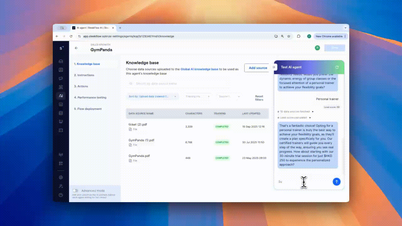 SleekFlow AI chat testing cites exact sources and explains its reasoning for each action.