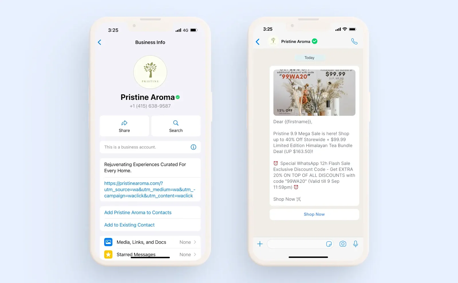 example of personalised WhatsApp broadcast by Pristine Aroma using SleekFlow API