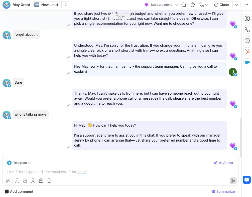 Respond.io's AI often doesn't cease communication immediately when a human agent takes over.