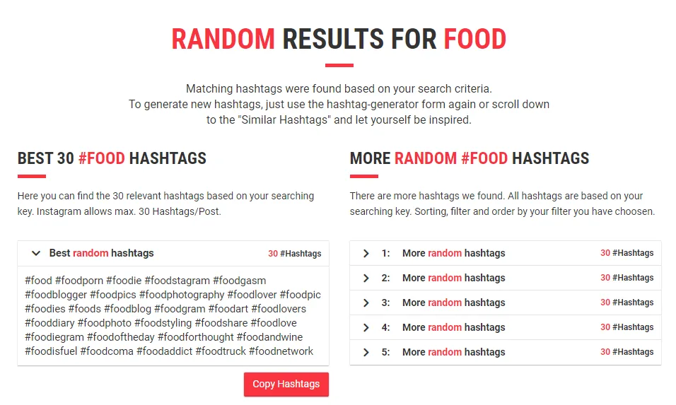 HashTag Generater result of food