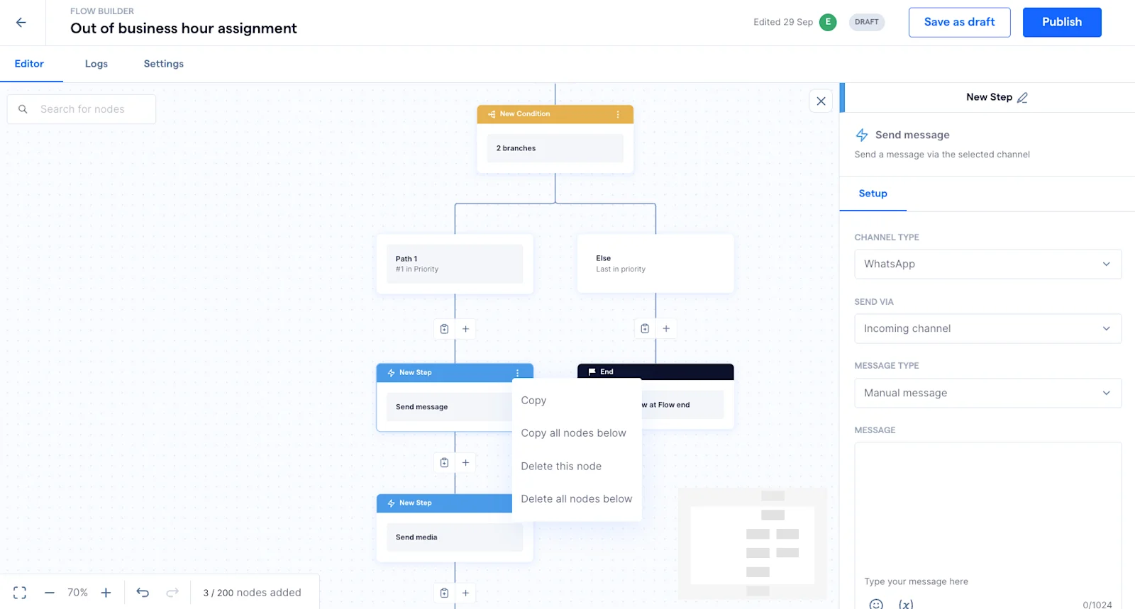 SleekFlow’s Flow Builder is more user-friendly, allowing you to delete individual nodes and copy-paste entire branches to build complex flows faster.