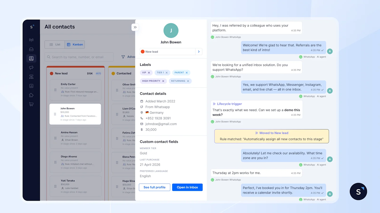 Use the Kanban drawer to get context before and after the lifecycle stage transition