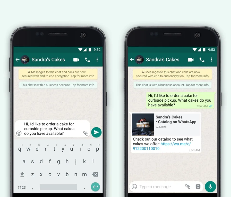 two android screens showing a whatsapp conversation about cake orders with catalog link for sandra's cakes