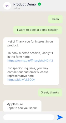Fintech product demo booking on WhatsApp Official