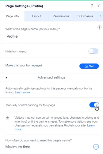 option for enabling and disabling caching on site pages