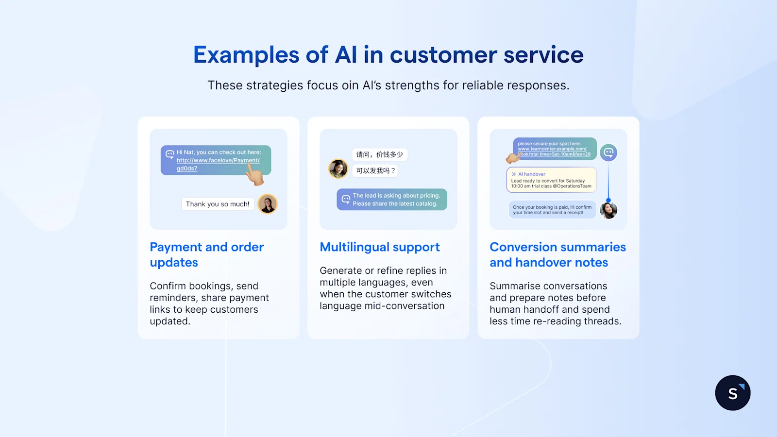 examples of AI being used in customer service: updates, multilingual support and chat summaries