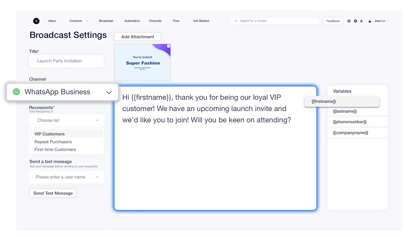Esempio di messaggio WhatsApp Broadcast con software di automazione tramite web api