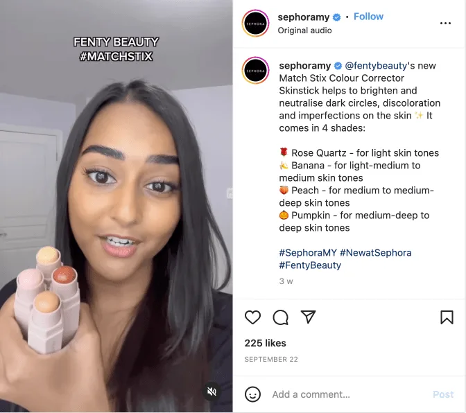 sephora MY using instagram reels to promote products