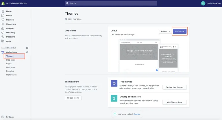 shopify website dashboard showing theme
