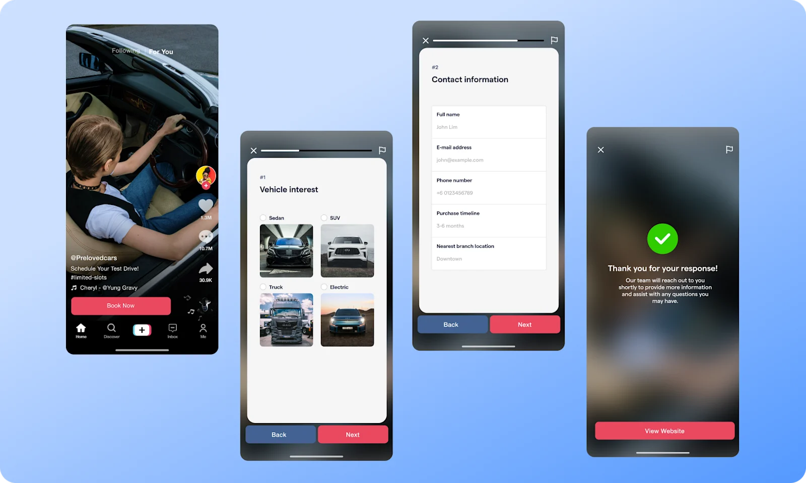 Multi-step TikTok Instant Form capturing vehicle interest and contact details to qualify high-intent automotive leads.