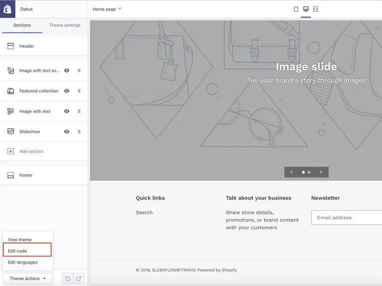 edit code action from shopify dashboard