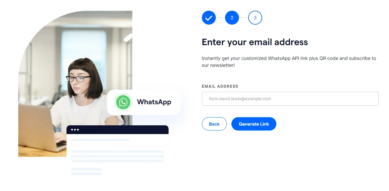 lady entering email address to generate whatsapp api link