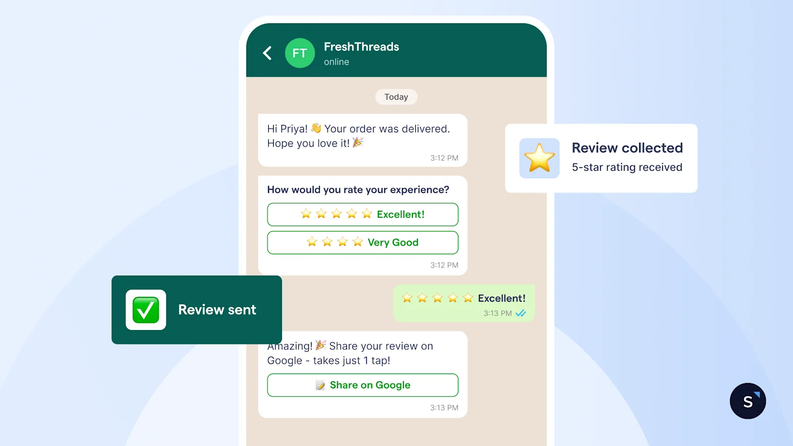 screenshot of business successfully collecting review from customer on whatsapp