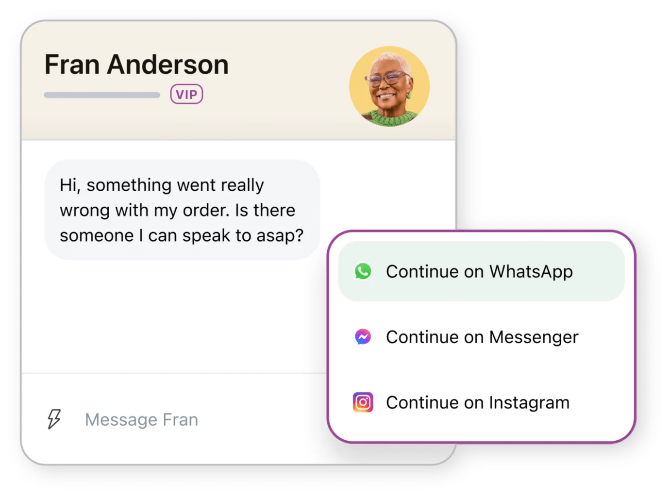 example of customer service integration with whatsapp, facebook or Instagram