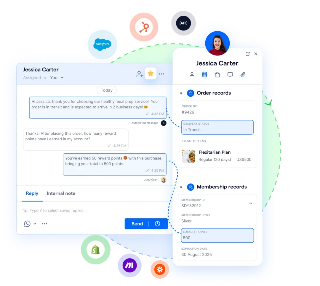 crm interface showing customer chat, order, and membership details