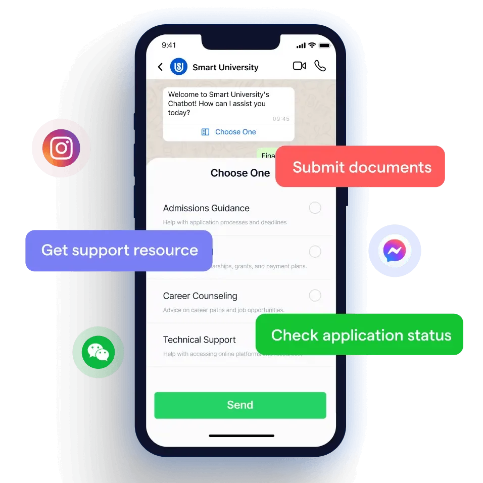 mobile screen displaying Smart University's chatbot interface with options for submitting documents, checking application status, admissions guidance, career counseling, and technical support