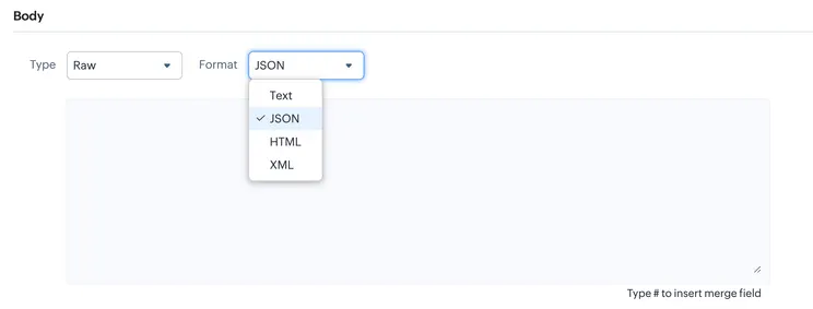body type selection dropdown with options like json and xml