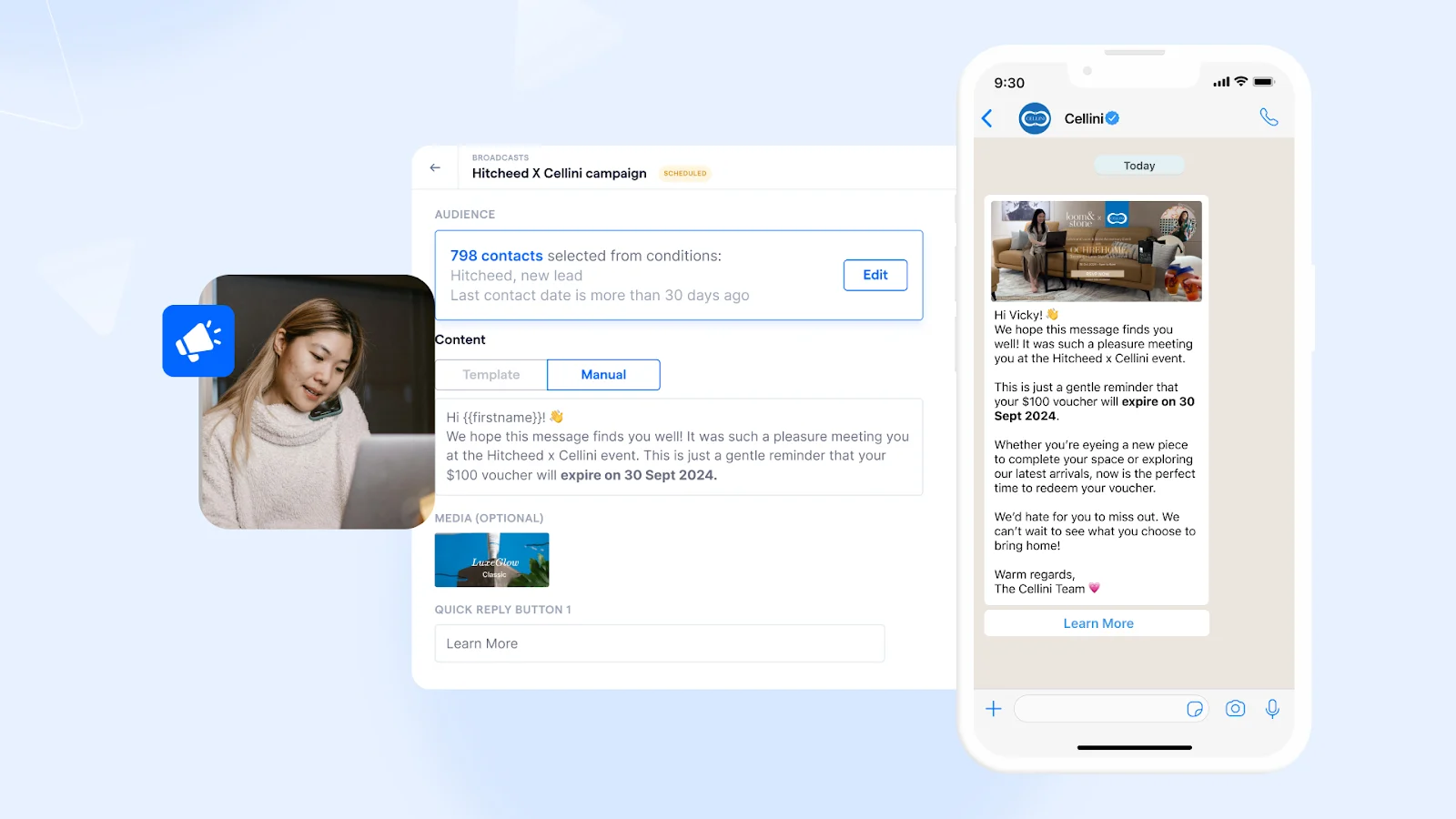 Screenshot of Cellini using SleekFlow to send a WhatsApp blast with a 'learn more' CTA