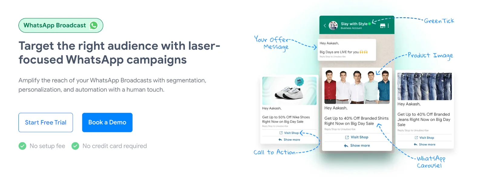 Gallabox WhatsApp Broadcast: targeted campaigns with personalized messages, product images, and carousel CTAs