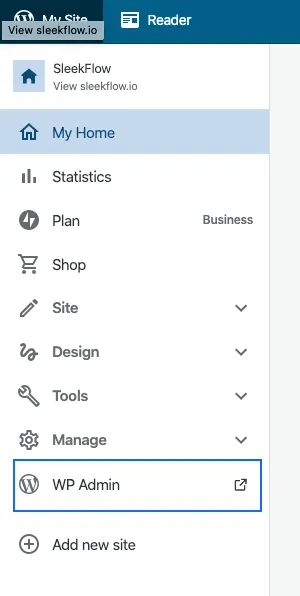 WP Admin" tab on wordpress dashboard