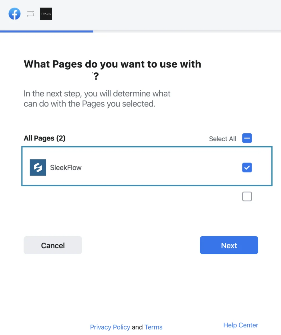 selecting pages to link with sleekflow on facebook
