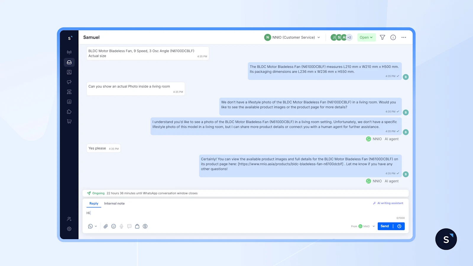 NNIO using AI Agent on SleekFlow to handle complex product enquiries such as dimensions